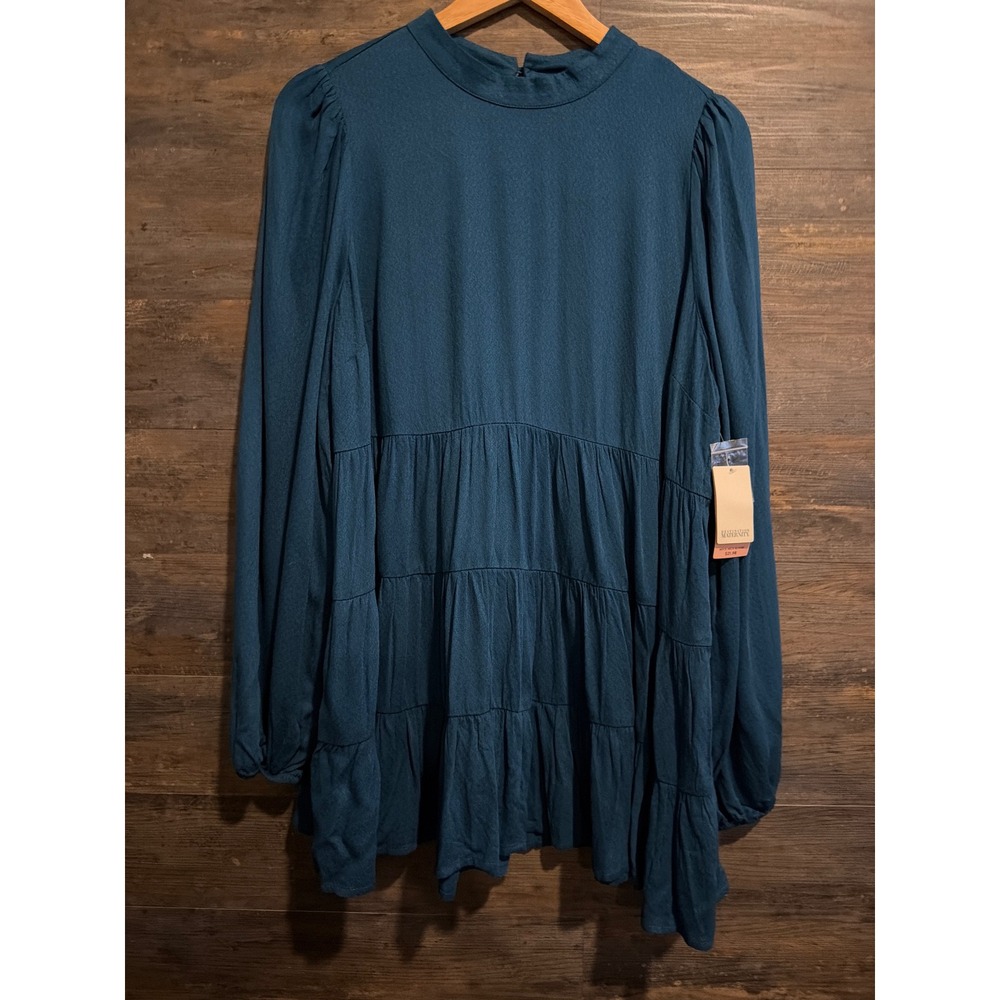 Destination Maternity Mock Neck Blouse Teal Blue Tiered Babydoll Top Large NWT